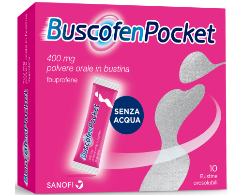 <b>BUSCOFENPOCKET 400 mg polvere orale in bustina</b><br>  Ibuprofene<br><b>Che cos’è e a che cosa serve</b><br>L'ibuprofene appartiene a un gruppo di medicinali noti come Farmaci Antinfiammatori Non  Steroidei (FANS). Questi medicinali a