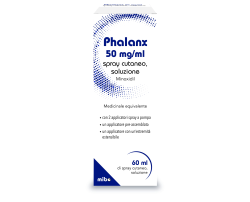 <b>PHALANX 50 mg/ml spray cutaneo, soluzione</b><br>  minoxidil<br><br>  medicinale equivalente<br><b>Che cos’è e a che cosa serve</b><br>PHALANX 50 mg/ml previene la perdita dei capelli ereditaria in uomini dai 18 ai 65 anni e stimola la  cr