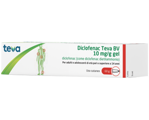 <b>Diclofenac Teva BV 10 mg/g gel</b><br>  Diclofenac (come diclofenac dietilammonio)<br><b>Che cos’è e a che cosa serve</b><br>Diclofenac Teva BV contiene il principio attivo diclofenac che appartiene ad una classe di medicinali detti farmac