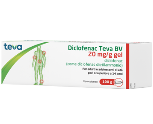 <b>Diclofenac Teva BV 20 mg/g gel</b><br>  Diclofenac (come diclofenac dietilammonio)<br><b>Che cos’è e a che cosa serve</b><br>Diclofenac Teva BV contiene il principio attivo diclofenac che appartiene ad una classe di medicinali  detti farma