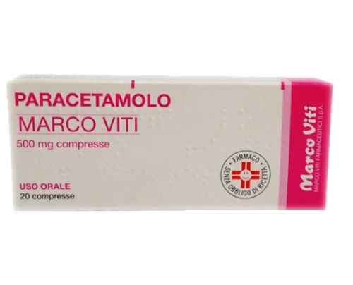 <b>PARACETAMOLO MARCO VITI 500 mg compresse</b><br>  Paracetamolo<br><b>Che cos’è e a che cosa serve</b><br>PARACETAMOLO MARCO VITI contiene il principio attivo paracetamolo appartenente ad un  gruppo di medicinali noti come analgesici e anti