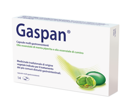 <b>GASPAN capsule molli gastroresistenti</b><br>  Olio essenziale di menta piperita e olio essenziale di cumino<br><b>Che cos’è e a che cosa serve</b><br>GASPAN è un medicinale tradizionale di origine vegetale contenente oli essenziali