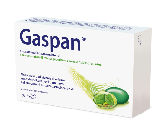 <b>GASPAN capsule molli gastroresistenti</b><br>  Olio essenziale di menta piperita e olio essenziale di cumino<br><b>Che cos’è e a che cosa serve</b><br>GASPAN è un medicinale tradizionale di origine vegetale contenente oli essenziali
