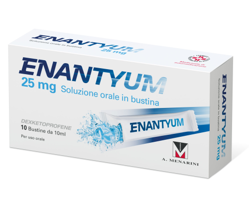 <b>Enantyum 25 mg soluzione orale in bustina</b><br>  Dexketoprofene<br><b>Che cos’è e a che cosa serve</b><br>Questo medicinale è un antidolorifico appartenente al gruppo di medicinali denominati farmaci  antinfiammatori non steroidei