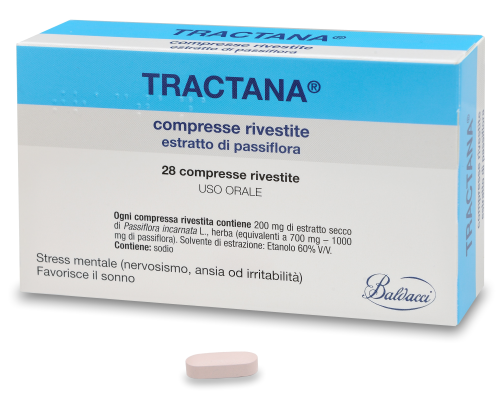<b>Tractana compresse rivestite</b><br>  Estratto di passiflora<br><b>Che cos’è e a che cosa serve</b><br>Tractana è un medicinale di origine vegetale d'uso tradizionale contenente estratto di passiflora.<br><br>  Tractana viene us