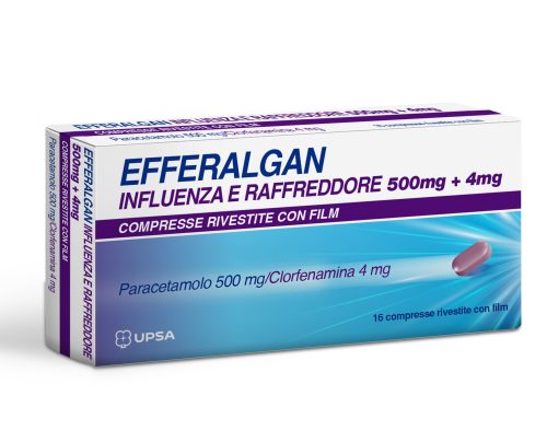 <b>EFFERALGAN INFLUENZA E RAFFREDDORE 500 mg + 4 mg compresse rivestite con film</b><br>  Paracetamolo 500 mg/Clorfenamina 4 mg<br><b>Che cos’è e a che cosa serve</b><br>Categoria farmacoterapeutica: ANTIPIRETICI ANALGESICI ANTISTAMINICI INIB