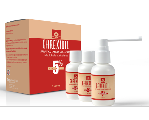 <b>CAREXIDIL 5% spray cutaneo, soluzione</b><br>  Minoxidil<br><br>  Medicinale equivalente<br><b>Che cos’è e a che cosa serve</b><br>Carexidil è una soluzione da utilizzare sul cuoio capelluto che contiene un medicinale chiamato minox