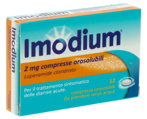 IMODIUM 2 mg compresse orosolubili<br>  Loperamide cloridrato<br><b>Che cos’è e a che cosa serve</b><br>Questo medicinale contiene loperamide cloridrato, un principio attivo che agisce  sull'intestino riducendo i movimenti intestinali e l