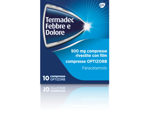 <b>TERMADEC febbre e dolore 500 mg compresse rivestite con film  compresse OPTIZORB</b><br>  paracetamolo<br><b>Che cos’è e a che cosa serve</b><br>TERMADEC febbre e dolore 500 mg compresse rivestite con film-compresse OPTIZORB, contiene il p