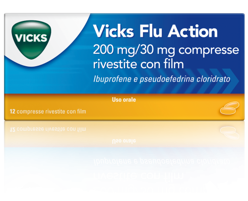 Vicks Flu Action 200 mg/30 mg compresse rivestite con film<br> Ibuprofene e pseudoefedrina cloridrato<br><b>Che cos’è e a che cosa serve</b><br>Vicks Flu Action contiene i principi attivi ibuprofene, un farmaco antinfiammatorio non steroideo 