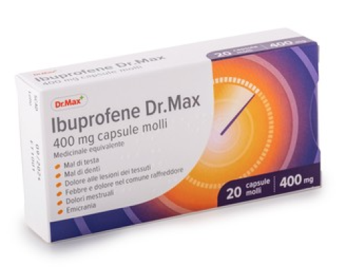 <b>Ibuprofene Dr. Max 400 mg capsule molli</b><br>  Medicinale equivalente<br><b>Che cos’è e a che cosa serve</b><br>Ibuprofene Dr. Max contiene il principio attivo ibuprofene che appartiene a un gruppo di medicinali noti come  medicinali ant