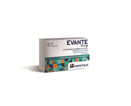 <b>EVANTE<br>  30 mg compressa rivestite con film</b><br>  Ulipristal acetato<br>  Medicinale equivalente<br><b>Che cos’è e a che cosa serve</b><br><u>EVANTE è un contraccettivo di emergenza</u><br><br>EVANTE è un contraccettivo