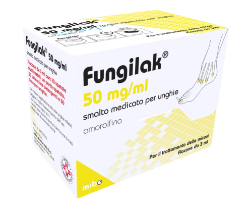 <b>FUNGILAK 50 mg/ml smalto medicato per unghie</b><br>  amorolfina<br><b>Che cos’è e a che cosa serve</b><br>FUNGILAK è un medicinale (agente antimicotico ad ampio spettro) per il trattamento locale delle  infezioni fungine (micosi) d