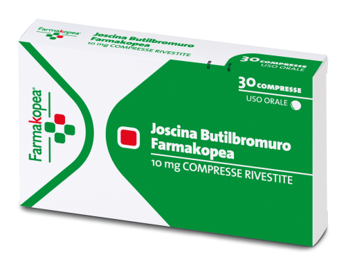 <b>JOSCINA BUTILBROMURO FARMAKOPEA  10 mg compresse rivestite</b><br>  30 compresse<br><b>Che cos’è e a che cosa serve</b><br>Trattamento sintomatico delle manifestazioni spastico dolorose del tratto gastroenterico e genito-urinario.