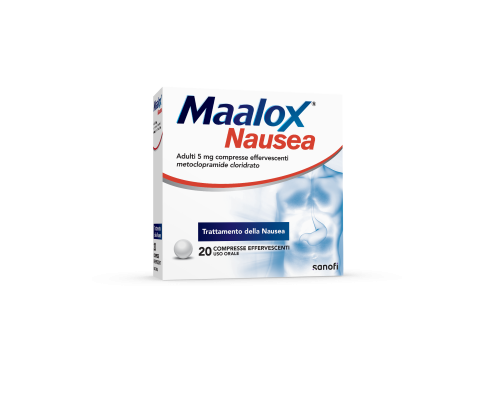 <b>Maalox Nausea adulti 5 mg compresse effervescenti<br>  Maalox Nausea adulti 5 mg granulato effervescente</b><br>  metoclopramide cloridrato<br><b>Che cos’è e a che cosa serve</b><br>Maalox Nausea è un medicinale che contiene una sos