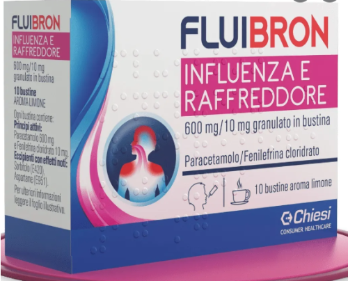 <b>FLUIBRON INFLUENZA E RAFFREDDORE 600 mg/10 mg granulato in bustina</b><br>  Paracetamolo/fenilefrina cloridrato<br><b>Che cos’è e a che cosa serve</b><br>FLUIBRON INFLUENZA E RAFFREDDORE è un medicinale contenente i principi attivi 