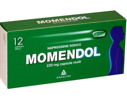 <b>MOMENDOL 220 mg capsule molli</b><br>  Naprossene sodico<br><b>Che cos’è e a che cosa serve</b><br>Momendol contiene naprossene, un medicinale che appartiene alla classe degli analgesici-antinfiammatori,  cioè farmaci che combattono