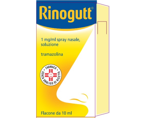 <b>Rinogutt 1 mg/ml spray nasale soluzione</b><br>  Tramazolina<br><b>Che cos’è e a che cosa serve</b><br>Rinogutt contiene tramazolina.<br>  Rinogutt si usa <b>negli adulti e negli adolescenti a partire dai 12 anni</b> come decongestionante 