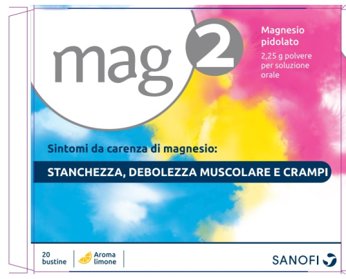 <b>MAG2 1,5 g/10 ml soluzione orale<br>  MAG2 2,25 g polvere per soluzione orale</b><br>  Magnesio pidolato<br><b>Che cos’è e a che cosa serve</b><br>MAG2 è un medicinale per uso orale che contiene come principio attivo il magnesio  pi