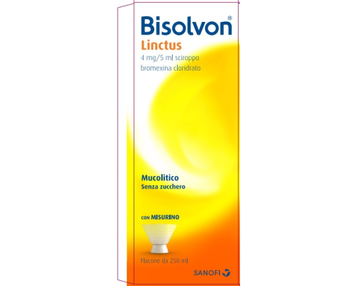 <b>BISOLVON Linctus 4 mg/5 ml sciroppo - gusto cioccolato-ciliegia</b><br>  bromexina cloridrato<br><b>Che cos’è e a che cosa serve</b><br>Bisolvon contiene bromexina cloridrato.<br>  Bisolvon si usa <b>negli adulti, adolescenti e bambini a p