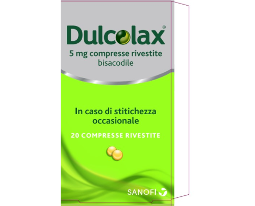 <b>DULCOLAX 5 mg compresse rivestite<br>  DULCOLAX adulti 10 mg supposte</b><br>  Bisacodile<br><b>Che cos’è e a che cosa serve</b><br>Dulcolax contiene bisacodile. Appartiene ad un gruppo di medicinali chiamati lassativi di contatto.<br>  Du