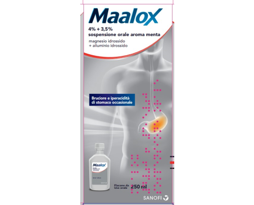 <b>MAALOX 4% + 3,5% sospensione orale aroma menta</b><br>  Magnesio idrossido + Alluminio idrossido<br><b>Che cos’è e a che cosa serve</b><br>Questo medicinale contiene due principi attivi: magnesio idrossido e alluminio idrossido. Questi  ap