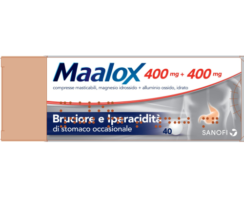 <b>MAALOX 400 mg + 400 mg compresse masticabili</b><br>  Magnesio idrossido + Alluminio ossido, idrato<br><b>Che cos’è e a che cosa serve</b><br>Questo medicinale contiene due principi attivi: magnesio idrossido e alluminio ossido, idrato. Qu