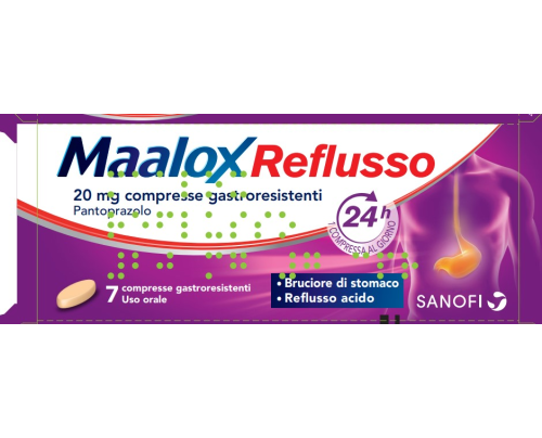 <b>MAALOX REFLUSSO 20 mg compresse gastroresistenti  </b><br>  Pantoprazolo<br><b>Che cos’è e a che cosa serve</b><br><em>MAALOX REFLUSSO</em> contiene il principio attivo pantoprazolo, che blocca la ‘pompa' che  produce acido nello