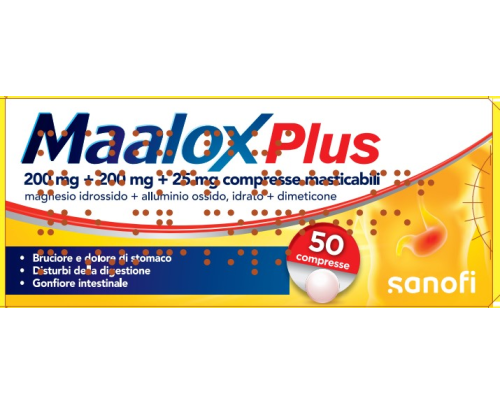 <b>MAALOX PLUS 200 mg + 200 mg + 25 mg compresse masticabili</b><br>  Magnesio idrossido + Alluminio ossido, idrato + Dimeticone<br><b>Che cos’è e a che cosa serve</b><br>Questo medicinale contiene i seguenti principi attivi: magnesio idrossi