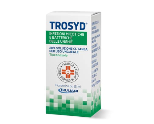 <b>TROSYD 28% SOLUZIONE CUTANEA PER USO UNGUEALE</b><br>  Tioconazolo<br><b>Che cos’è e a che cosa serve</b><br>TROSYD contiene il principio attivo tioconazolo un antimicotico utilizzato per il trattamento delle infezioni delle  unghie causat