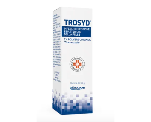 <b>TROSYD 1% Crema<br>  TROSYD 1% Polvere cutanea<br>  TROSYD 1% Emulsione cutanea</b><br>  Tioconazolo<br><b>Che cos’è e a che cosa serve</b><br>TROSYD è un antimicotico per uso topico e va usato per il trattamento  delle infezioni ca