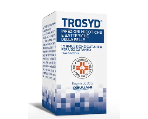 <b>TROSYD 1% Crema<br>  TROSYD 1% Polvere cutanea<br>  TROSYD 1% Emulsione cutanea</b><br>  Tioconazolo<br><b>Che cos’è e a che cosa serve</b><br>TROSYD è un antimicotico per uso topico e va usato per il trattamento  delle infezioni ca