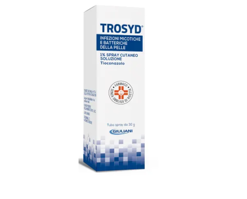<b>TROSYD 1% SPRAY CUTANEO, SOLUZIONE</b><br>  Tioconazolo<br><b>Che cos’è e a che cosa serve</b><br>TROSYD contiene il principio attivo tioconazolo, un antimicotico utilizzato per il trattamento delle  infezioni della pelle provocate dai fun