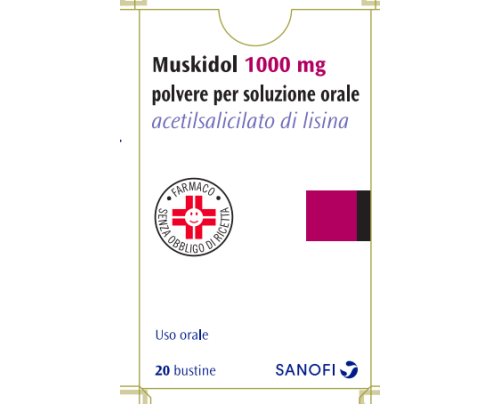 <b>MUSKIDOL 1000 mg polvere per soluzione orale</b><br>  acetilsalicilato di lisina<br><b>Che cos’è e a che cosa serve</b><br>MUSKIDOL contiene il principio attivo “acetilsalicilato di lisina” e appartiene ad una  classe di medici