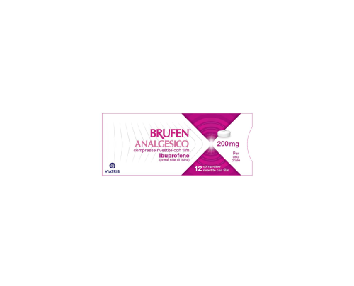 <b>BRUFEN ANALGESICO 200 mg compresse rivestite con film</b><br>  Ibuprofene (come sale di lisina)<br><b>Che cos’è e a che cosa serve</b><br>BRUFEN ANALGESICO contiene la sostanza attiva ibuprofene. Essa appartiene a un gruppo di  medicinali 