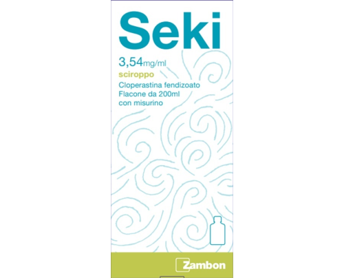 <b>Seki 3,54 mg/ml sciroppo</b><br>  Cloperastina fendizoato<br><b>Che cos’è e a che cosa serve</b><br>Seki è un medicinale che agisce come sedativo della tosse.<br>  <br>  Seki si usa per calmare lo stimolo a tossire.<br>  <br>  Si ri