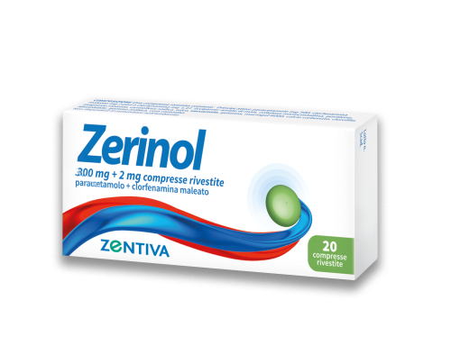 <b>Zerinol 300 mg + 2 mg compresse rivestite</b><br>  Paracetamolo + clorfenamina maleato<br><b>Che cos’è e a che cosa serve</b><br>Zerinol è un analgesico (allevia il dolore) ed un antipiretico (riduce la febbre) che contiene i princi