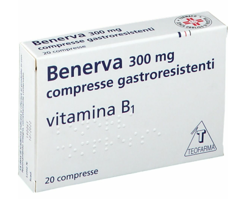 <b>Benerva 300 mg compresse gastroresistenti</b><br>Tiamina cloridrato (Vitamina B1)<br><b>Che cos’è e a che cosa serve</b><br>Benerva contiene il principio attivo tiamina cloridrato (detta anche vitamina B1).  Benerva è indicato:<br> 