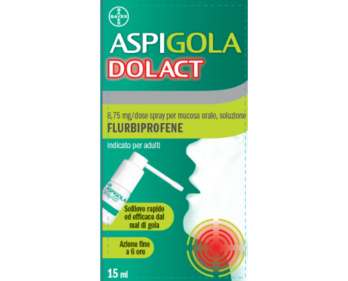 <b>Aspigoladolact 8,75 mg/dose Spray per mucosa orale, soluzione</b><br>  Flurbiprofene<br>  <br>  Medicinale equivalente<br><b>Che cos’è e a che cosa serve</b><br>Aspigoladolact contiene il principio attivo flurbiprofene. Il flurbiprofene ap