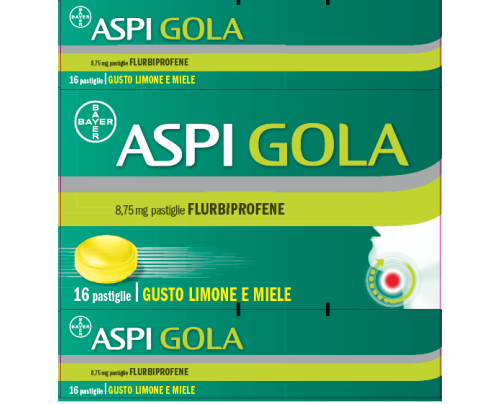 ASPI GOLA 8,75 mg pastiglie gusto limone e miele<br> Flurbiprofene<br><b>Che cos’è e a che cosa serve</b><br>ASPI GOLA contiene flurbiprofene, un medicinale antinfiammatorio e analgesico (antidolorifico) non steroideo, che agisce contro l&#39