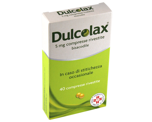<b>DULCOLAX 5 mg compresse rivestite<br>  DULCOLAX adulti 10 mg supposte</b><br>  Bisacodile<br><b>Che cos’è e a che cosa serve</b><br>Dulcolax contiene bisacodile. Appartiene ad un gruppo di medicinali chiamati lassativi di contatto.<br> Dul
