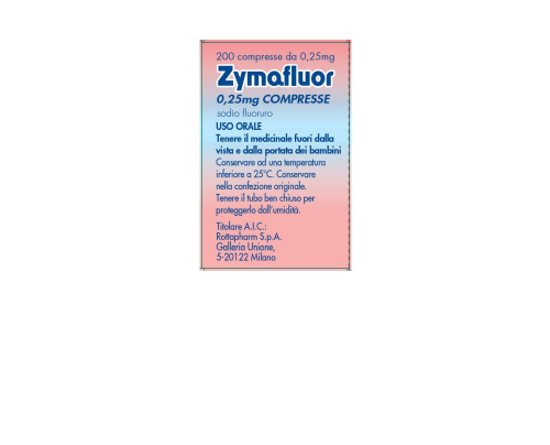 <b>ZYMAFLUOR 1,14 mg/ml gocce orali, soluzione<br>  ZYMAFLUOR 0,25 mg compresse<br>  ZYMAFLUOR 0,50 mg compresse<br>  ZYMAFLUOR 1 mg compresse</b><br>  Sodio fluoruro<br><b>Che cos’è e a che cosa serve</b><br>ZYMAFLUOR contiene il principio a