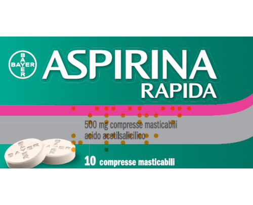 <b>Aspirina Rapida 500 mg compresse masticabili</b><br>  acido acetilsalicilico<br><b>Che cos’è e a che cosa serve</b><br>Aspirina è un analgesico (antidolorifico: riduce il dolore), antinfiammatorio ed antipiretico (antifebbrile:  rid