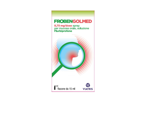 <b>FROBENGOLMED 8,75 mg/dose spray per mucosa orale, soluzione</b><br>  Flurbiprofene<br><b>Che cos’è e a che cosa serve</b><br>FROBENGOLMED contiene il principio attivo flurbiprofene. Il flurbiprofene appartiene a una  famiglia di medicinali